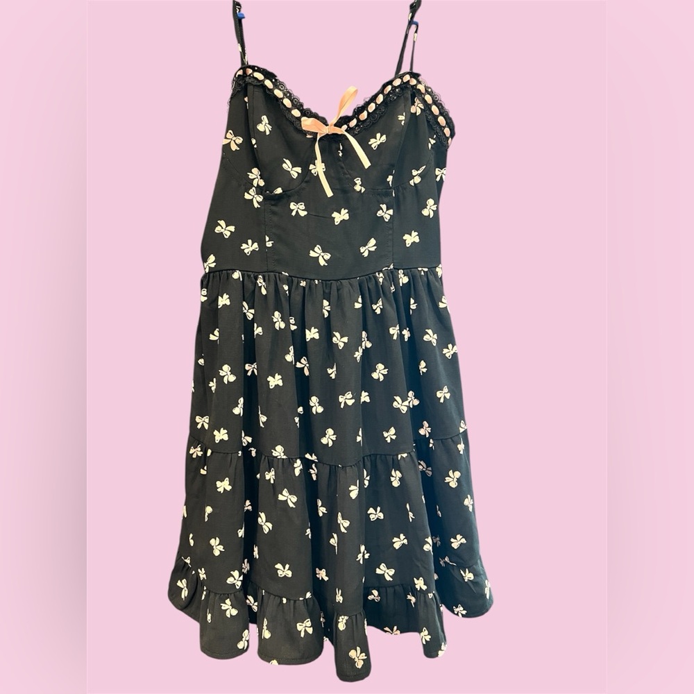 Arden B Black Tiered Dress with Cream Bow Print